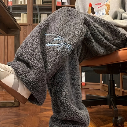 Weite Teddyfleece Hose für Damen, Plüschhose mit Stickerei, lockerer Schnitt