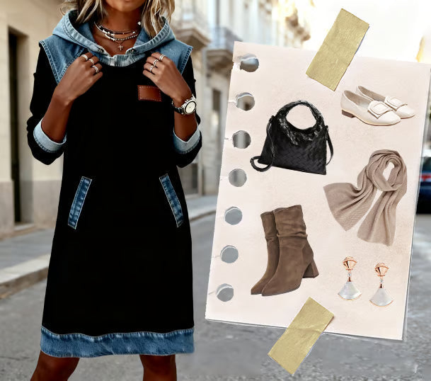 Vestito con cappuccio da donna con dettagli in denim – Stile street casual per vita quotidiana e tempo libero