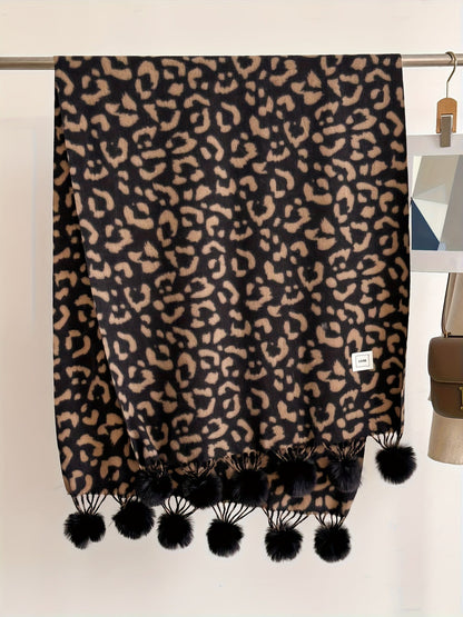 Schal mit Leopardenmuster und Pompons, weiches Material