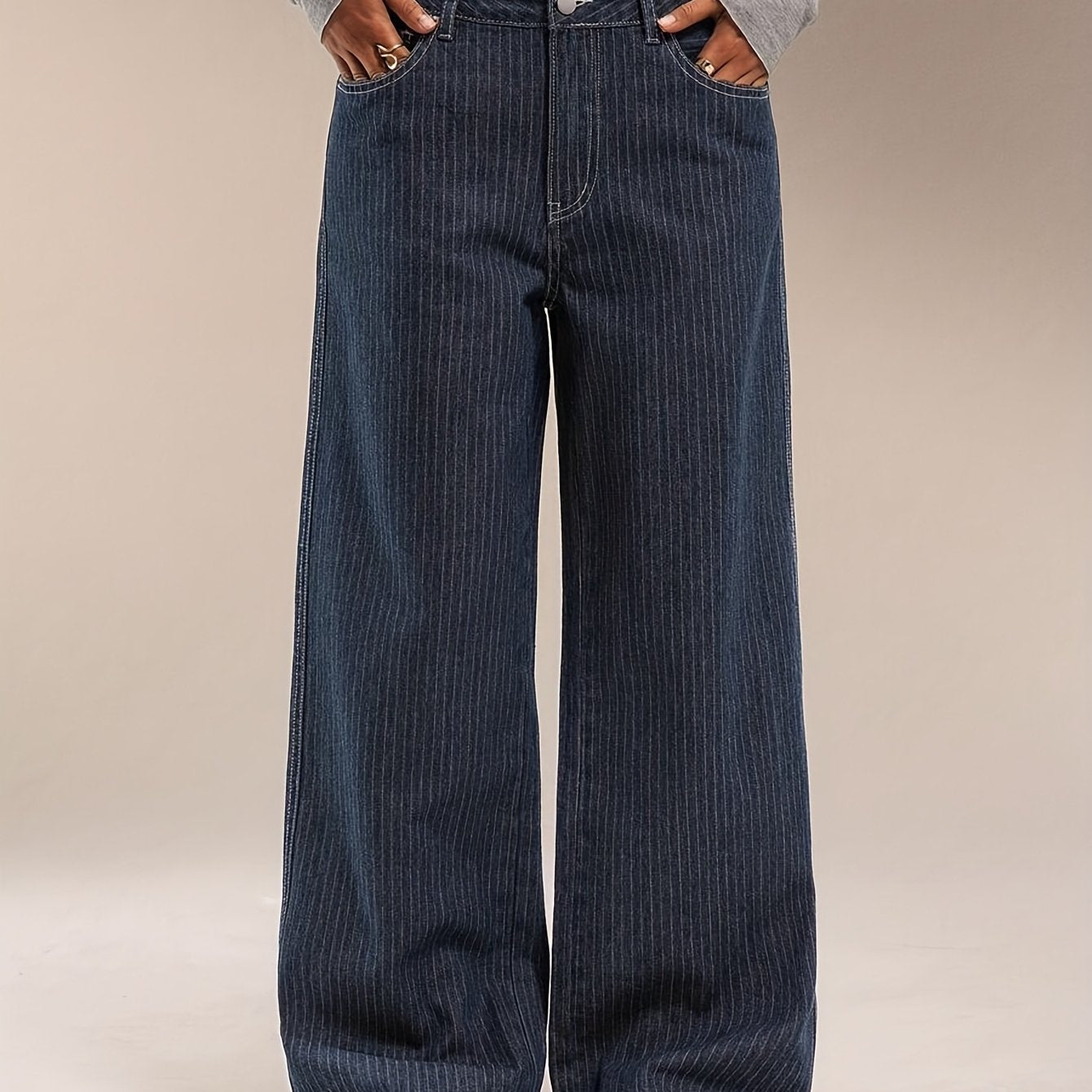 Jeans donna a gamba larga, gessato blu scuro