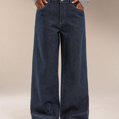 Jeans donna a gamba larga, gessato blu scuro
