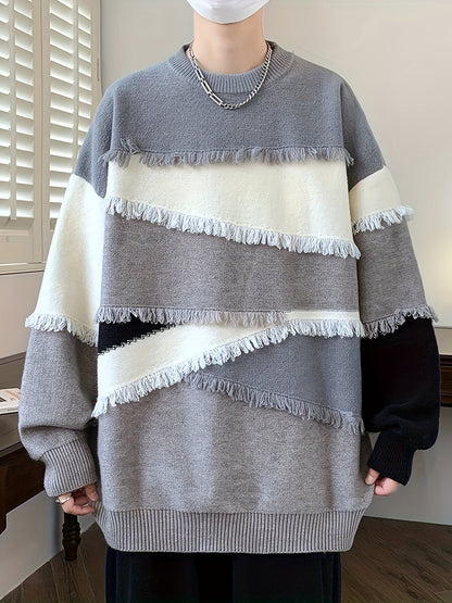 Unisex Patchwork Pullover mit Fransen Rundhals Langarm Strickpullover Mehrfarbig