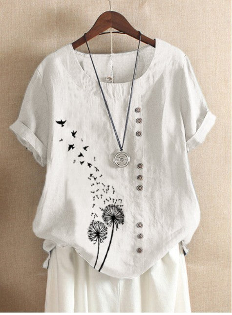 Dame Vintage sommerbluse, kortærmet med rund hals & knaplukning