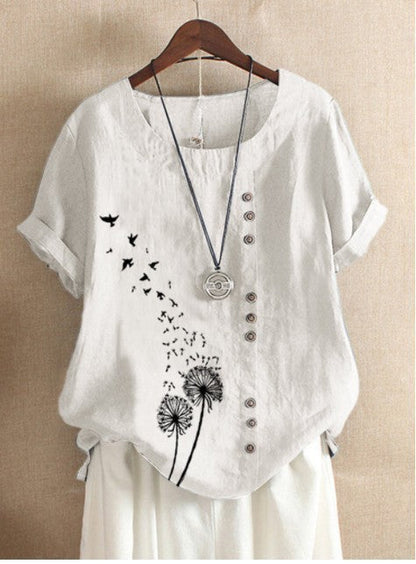 Dame Vintage sommerbluse, kortærmet med rund hals & knaplukning
