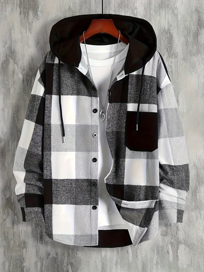 Camicia-giacca da uomo con cappuccio a quadri, nera e bianca, oversize