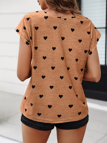 T-shirt élégant pour femme à motif cœur avec col en V – mode estivale décontractée