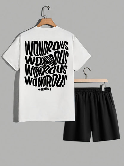 Męski zestaw streetwear z koszulką z grafiką i szortami – nowoczesny casualowy look, styl miejski