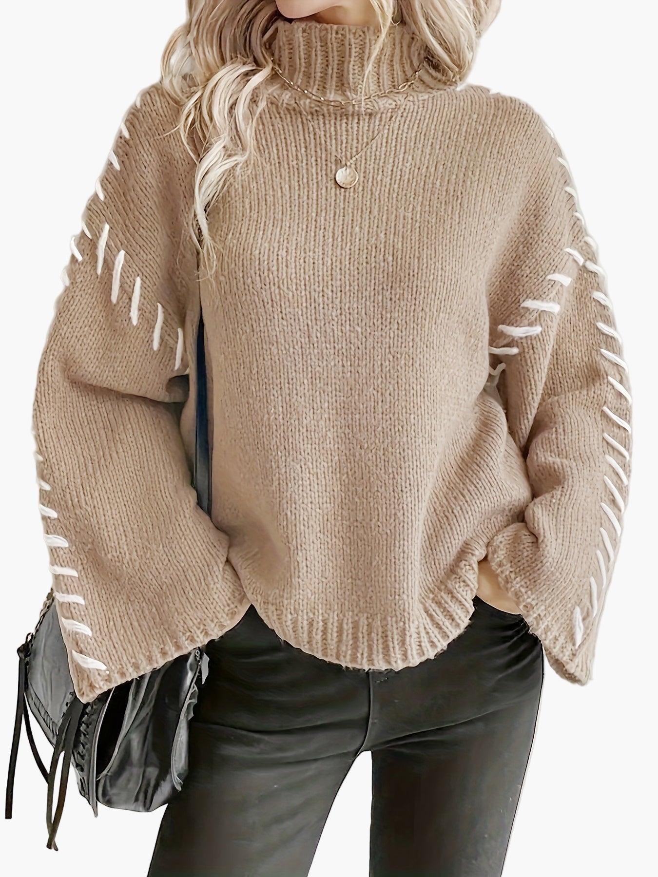 Pull en maille femme à manches larges et couture décorative, col roulé élégant automne/hiver