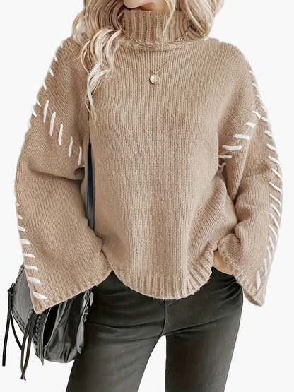 Pull en maille femme à manches larges et couture décorative, col roulé élégant automne/hiver