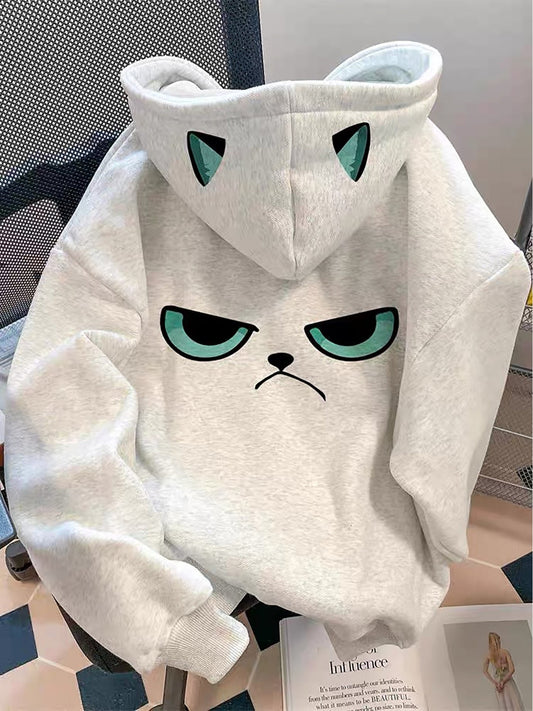 Grijze hoodie voor katten met capuchon, oortjes en een chagrijnige print