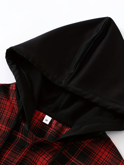 Giacca-camicia da uomo a quadri con cappuccio e maniche lunghe, rossa e nera