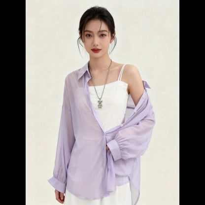 Damen Zweiteiliges Set – Transparentes Oversize-Hemd mit Bandeau Top, Modernes Layering-Outfit