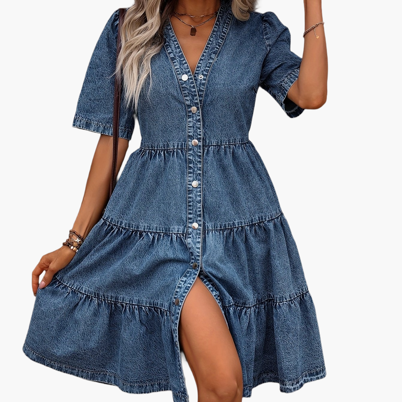 Abito jeans da donna con bottoni e scollo a V – Elegante abito casual per primavera ed estate