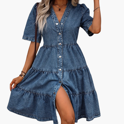 Abito jeans da donna con bottoni e scollo a V – Elegante abito casual per primavera ed estate