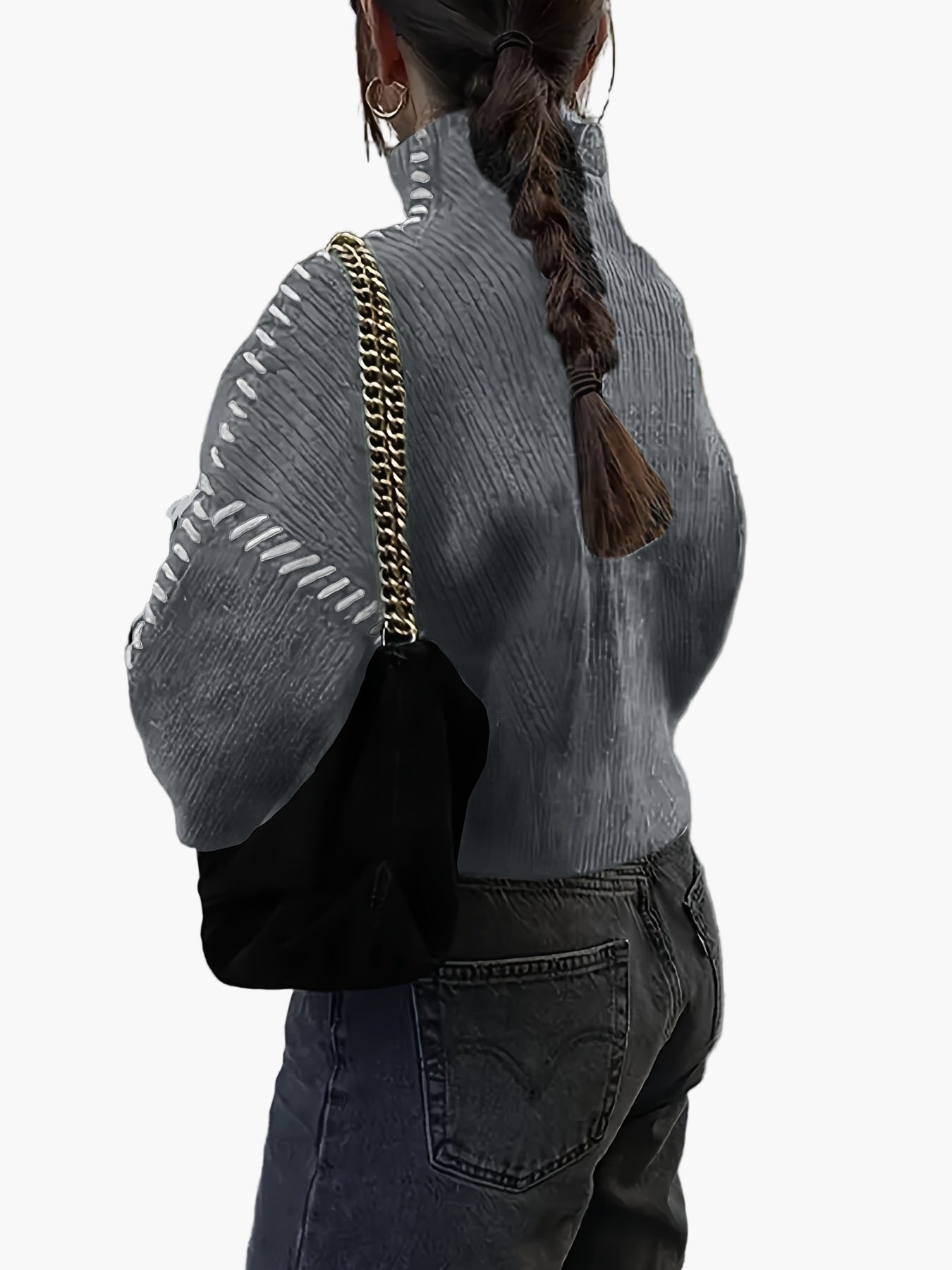 Pull oversize pour femme en maille avec surpiqûres et col montant – Pull tendance automne/hiver pour des tenues stylées