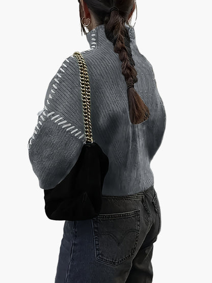 Pull oversize pour femme en maille avec surpiqûres et col montant – Pull tendance automne/hiver pour des tenues stylées