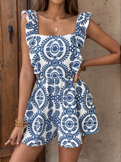 Mono de verano para mujer con estampado tribal y volantes – Elegante prenda de una pieza para tiempo libre y vacaciones