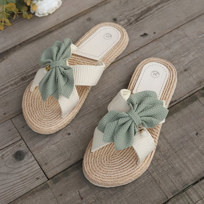 Ciabatte estive vintage da donna con grande fiocco e suola piatta – Comode sandali casual