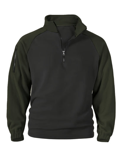 Pullover in pile da uomo, maniche raglan, chiusura a un quarto con zip, grigio scuro e marrone