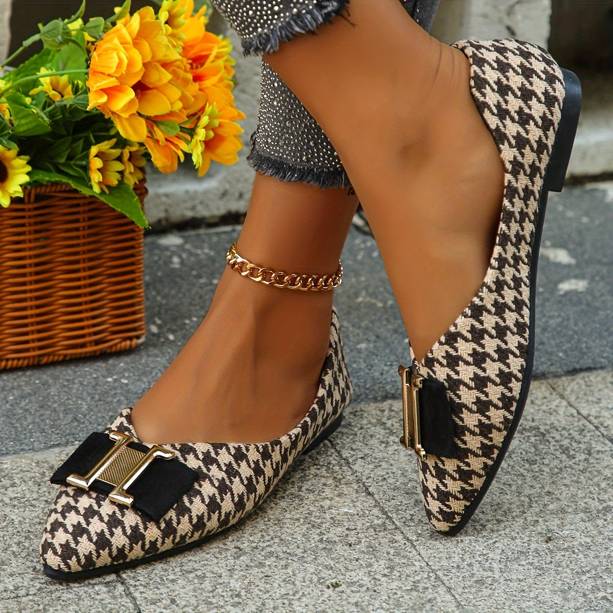 Bailarinas elegantes de pata de gallo para mujer con detalle de lazo – Flats de punta fina a la moda para el día a día y la oficina