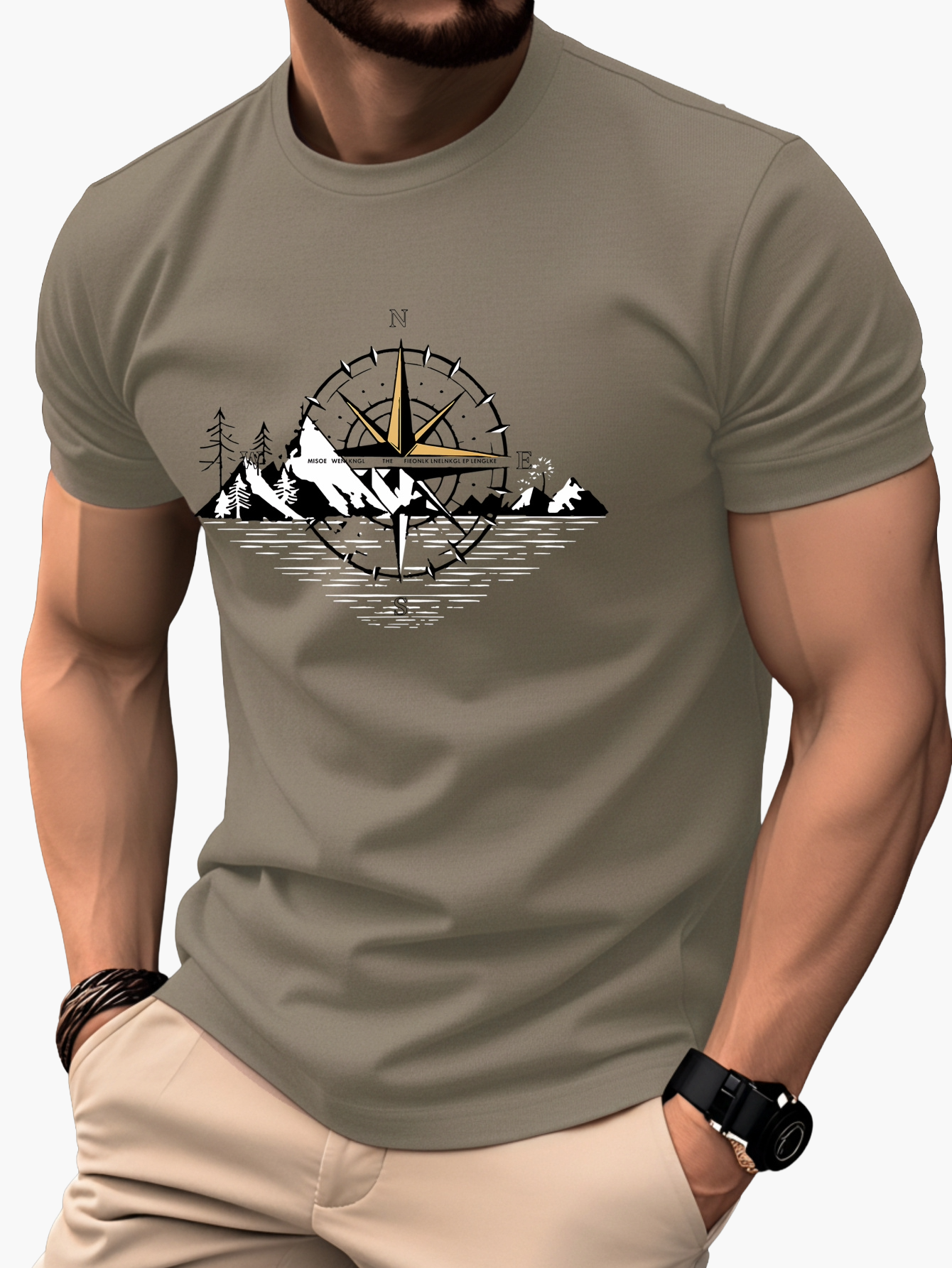 Herre T-shirt med kompas- og bjergmotiv – Outdoor eventyrstil, kortærmet, fritid