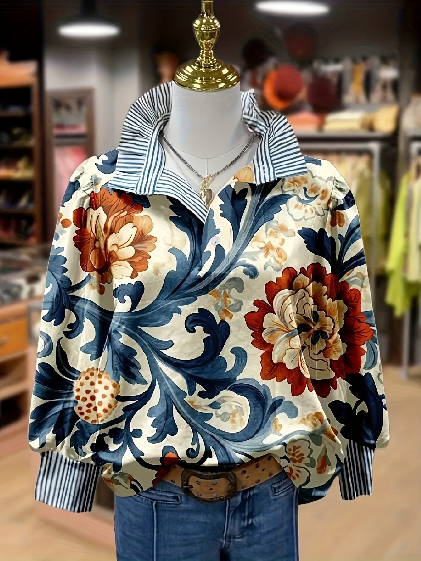 Blusa de mujer con estampado floral, cuello y puños a rayas