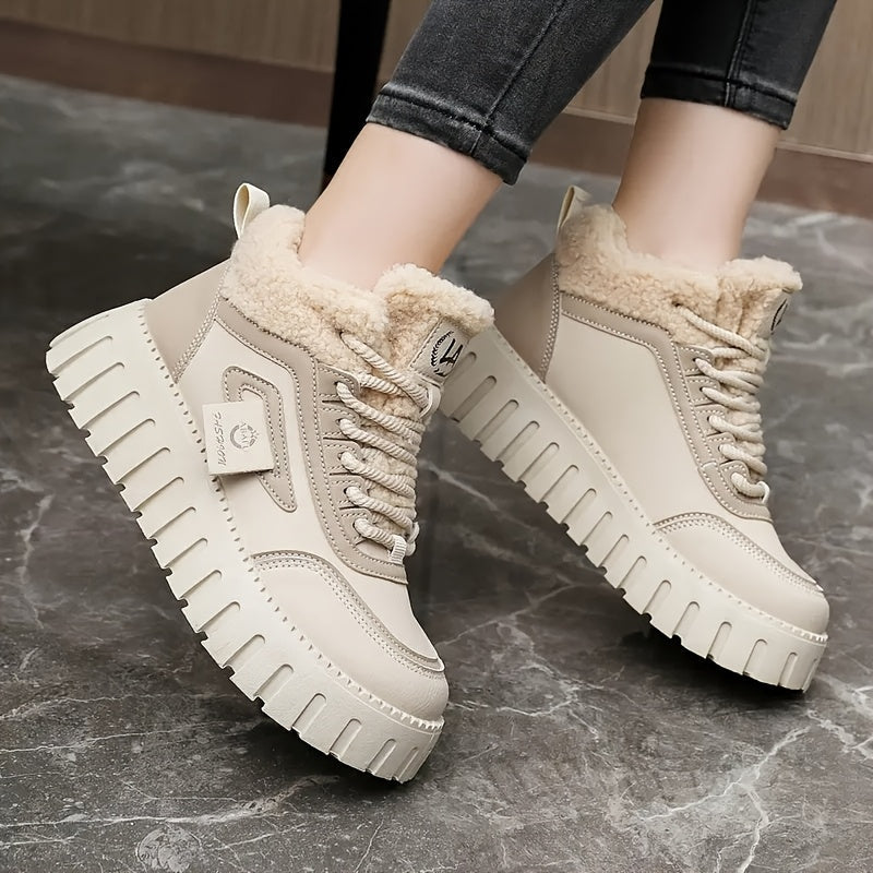 Damen Plateau Sneaker Stiefel Fütterung Schwarz Beige