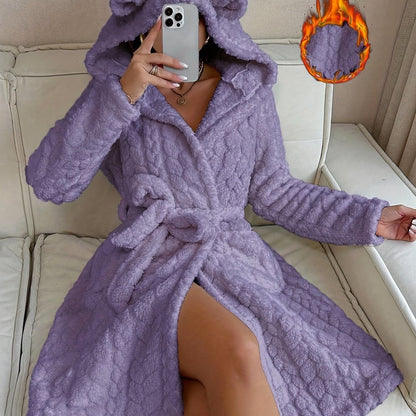 Peignoir de bain douillet à capuche et oreilles pour femmes