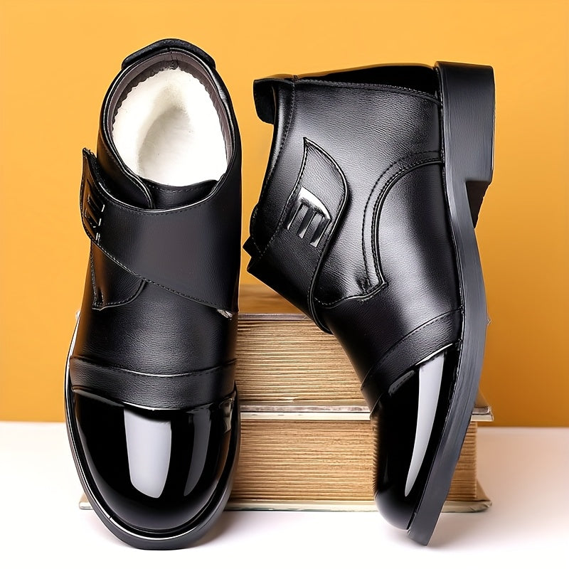 Herren Stiefelette Schwarz Glänzende Zehenkappe Klettverschluss