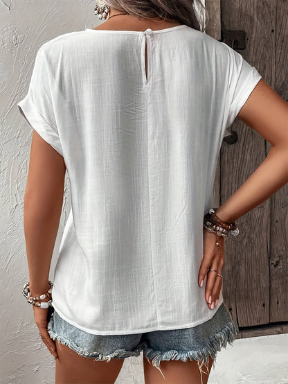 Top de verano elegante para mujer con encaje de ganchillo, manga corta, ideal para tiempo libre y vacaciones