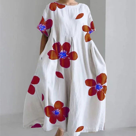 Vestido maxi retro línea A con grandes flores para mujer – Vestido de verano en estilo vintage artístico, vestido casual elegante