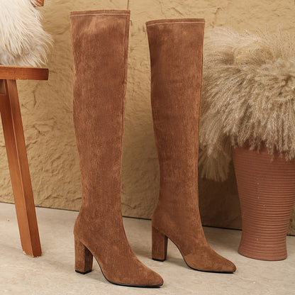Damen Overknee Stiefel aus Wildleder-Optik mit Blockabsatz in Braun
