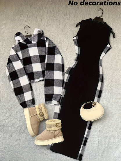 Zweiteiliges Set Damen Schwarz-Weiß Kariertes Crop Hoodie & Midi-Kleid