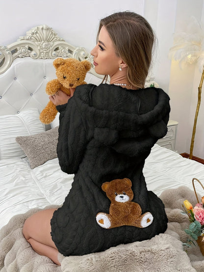 Teddybjørnepyjamas til damer i ét stykke med hætte og lynlås, hvid/sort