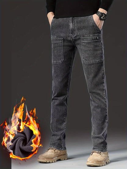 Jeans invernali da uomo, pantaloni foderati, neri o blu, vestibilità dritta