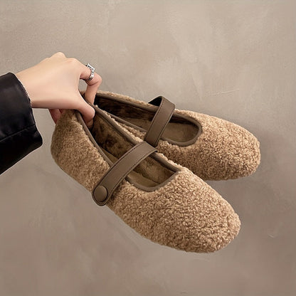 Damen Mary Jane Ballerinas Plüsch-Look mit Riemen und Knopfverschluss