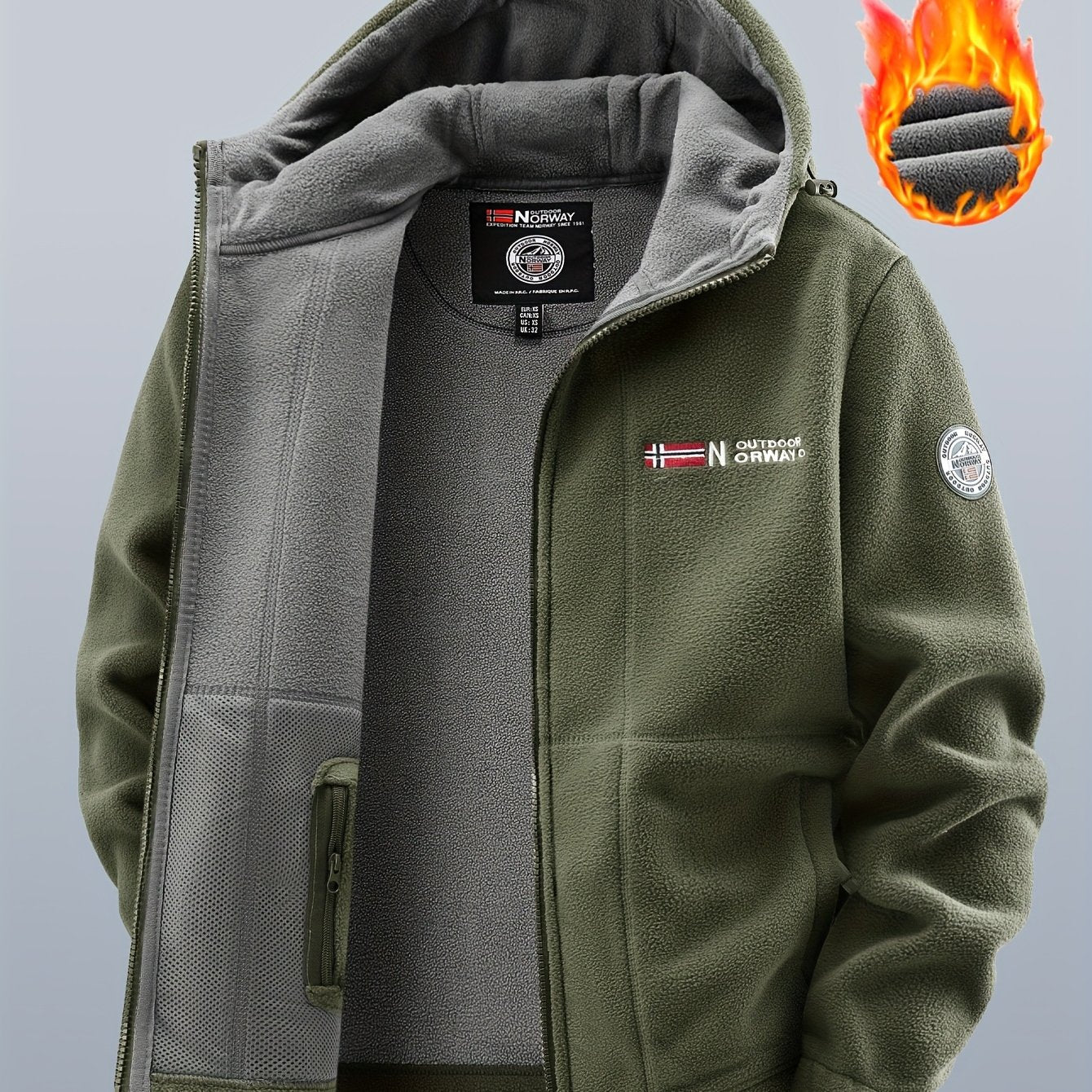 Chaqueta polar de exterior para hombre con capucha – Forro cálido, cierre de cremallera, bolsillo en el pecho
