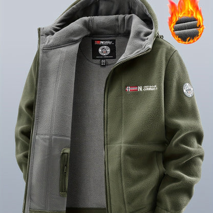 Chaqueta polar de exterior para hombre con capucha – Forro cálido, cierre de cremallera, bolsillo en el pecho