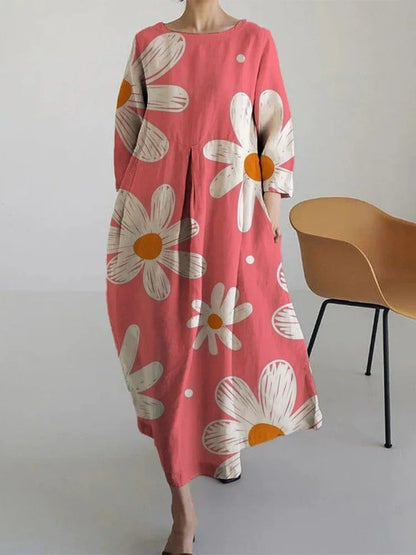 Damen Maxikleid Retro A-Linie mit großen Blumen – Sommerkleid im künstlerischen Vintage-Stil, Elegantes Freizeitkleid