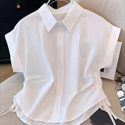 Damen Kurzarm Hemdbluse mit Kordelzug und modernem Schnitt – Business & Freizeit