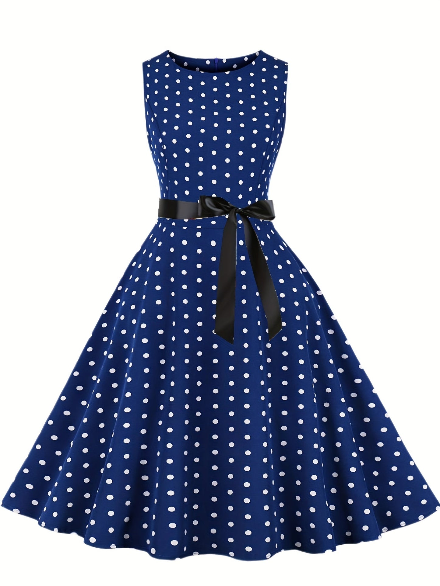 Damen Vintage Polka Dot Fit & Flare Partykleid mit Gürtel, ärmellos, Retro Sommerkleid