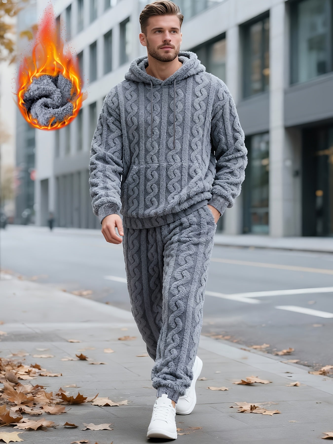 Herren Plüsch Loungewear Set mit Kapuzenpullover und Hose, Zopfmuster, Schwarz