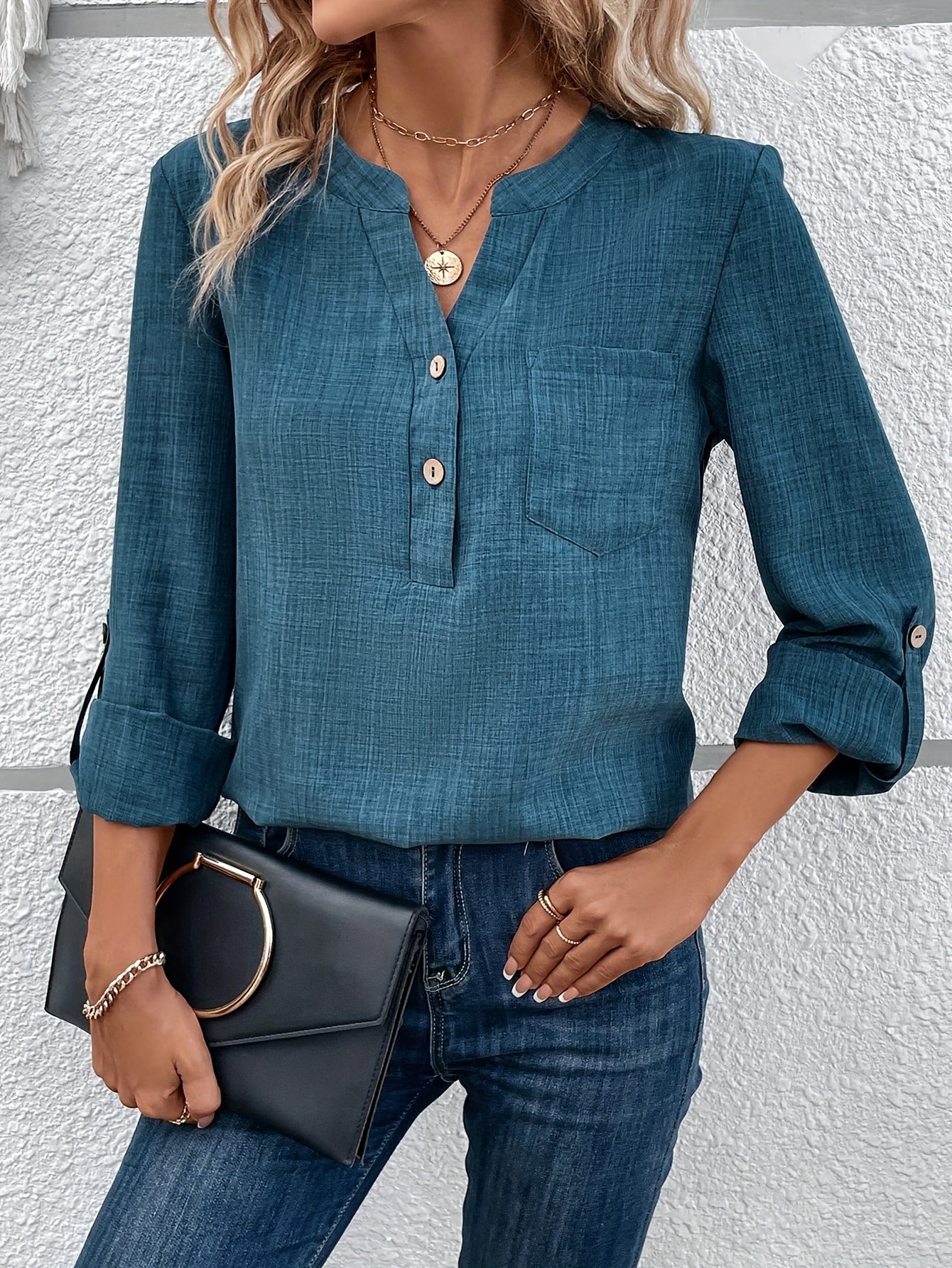 Damen Casual Bluse mit V-Ausschnitt und Knopfleiste – Eleganter Alltags- und Büro-Look