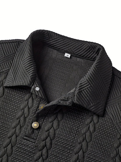 Polo da uomo in maglia a maniche lunghe con motivo intrecciato, grigio scuro