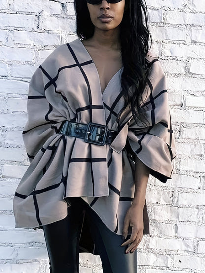 Poncho mit Karomuster und Bindegürtel, Beige Schwarz