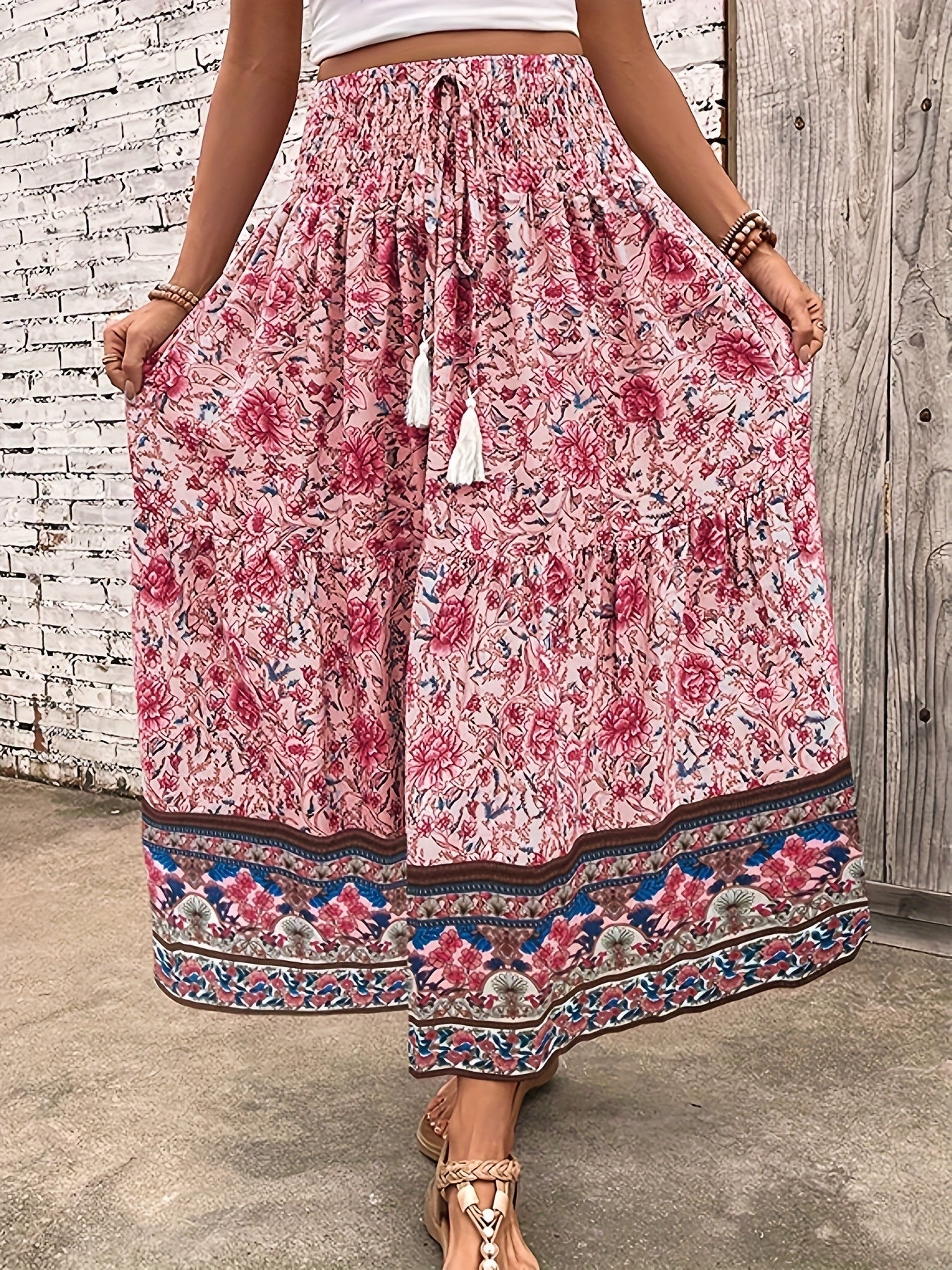 Damen Boho Maxirock mit Blumenmuster, Eleganter Sommerrock für Freizeit und Urlaub