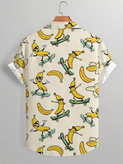 Herre kortærmet fritidsskjorte med skateboard-bananer tegneserieprint – sommerfest statement skjorte
