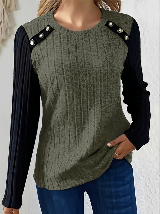 Damen Langarmshirt mit Rundhalsausschnitt, gerippt und Knöpfen an den Schultern