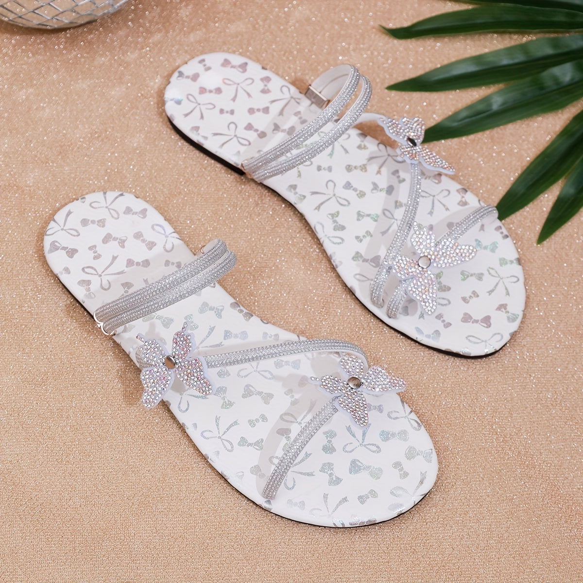 Damen Flache Sandalen mit Strass-Schmetterlingen für Sommer und Freizeit