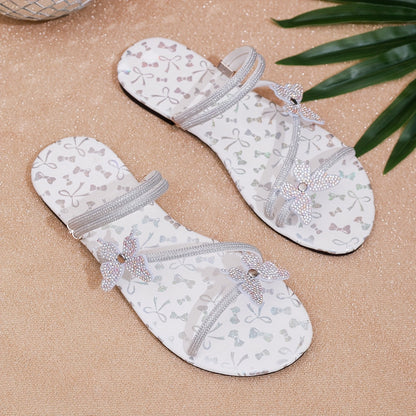 Damen Flache Sandalen mit Strass-Schmetterlingen für Sommer und Freizeit